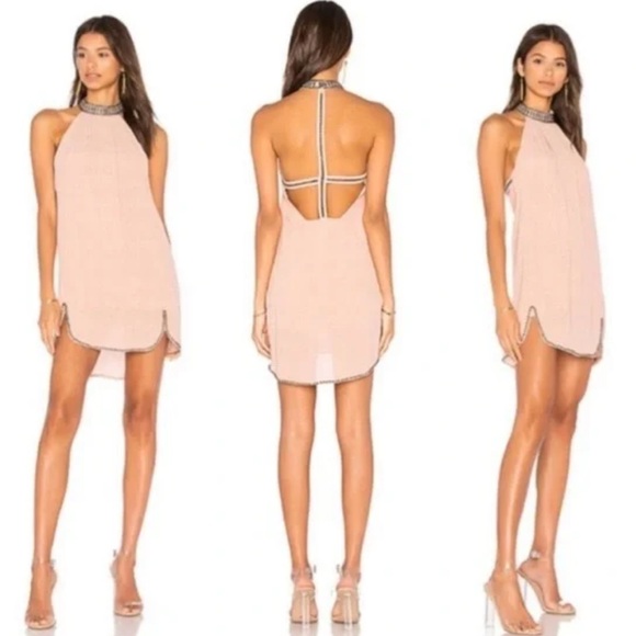 NBD Dresses & Skirts - NBD Revolve Lourdes Beaded Halter Party Mini Dress Misty Rose Blush Pink Small
